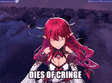 a video game character with red hair and horns has the words dies of cringe below her