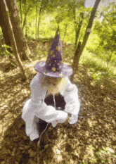 a person in a wizard costume is kneeling in a pile of leaves