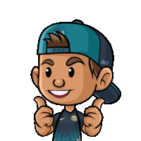 a cartoon of a boy wearing a hat that says aky on it