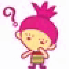 a pixel art drawing of a boy with a pink hat and question marks around his head .
