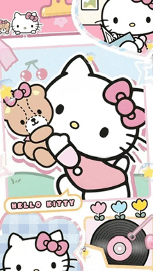 hello kitty is holding a teddy bear in her arms