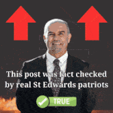 a man in a suit and tie is standing in front of a red arrow that says this post was fact checked