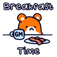 a cartoon of a teddy bear sitting at a table with bacon and a cup of cgm coffee