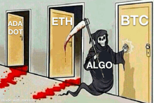 a grim reaper with a scythe is standing in front of a door that says eth on it