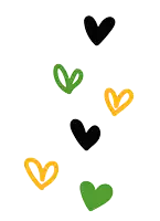a white background with green yellow and black hearts on it