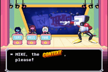 a video game scene where mike says please