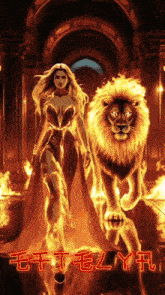 a woman in a red dress is walking next to a lion with the letters etel y visible