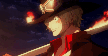 a man in a cowboy hat and goggles holds a sword