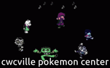 a pokemon center logo with a bunch of cartoon characters on it