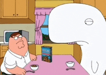 a cartoon of peter griffin sitting at a table with a box of cereal