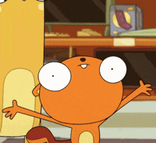 a cartoon squirrel is standing in front of a shelf with a box of cheese on it
