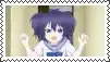 a picture of a girl with purple hair and blue eyes in a frame .