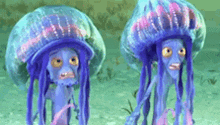 two jellyfish with faces are standing next to each other in the ocean .