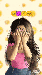 a cartoon girl covering her face with her hands with emojis above her