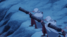 a group of people holding cannons in their hands with a flame coming out of them