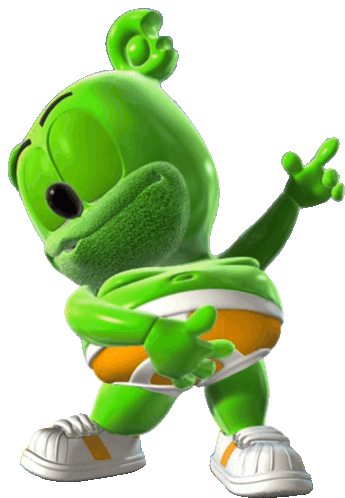 a green gummy bear wearing orange and white shorts