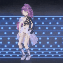 a girl with purple hair is dancing on a stage in front of a crowd .