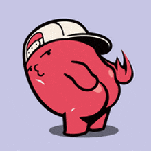 a red cartoon character wearing a hat with a lightning bolt on his butt