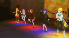 a group of anime characters are dancing on a stage in a dark room