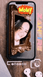 a phone with a picture of a woman in a frame and the words wow on it