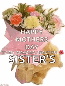 a happy mother 's day to my amazing beautiful sister 's with a bouquet of flowers and a teddy bear .