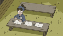 a cartoon of a boy sitting at a wooden table writing