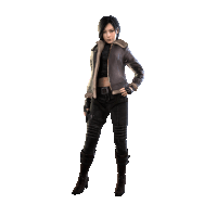 a woman in a brown jacket and black pants stands on a white background