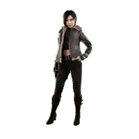 a woman in a brown jacket and black pants stands on a white background