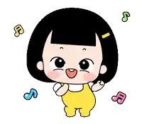 a cartoon girl in yellow overalls is dancing with music notes surrounding her