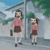 a cartoon of two girls with dog faces walking down the street .