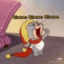 a cartoon cat is wearing a santa hat and a scarf and says `` gimme gimme gimme '' .