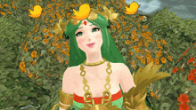a video game character with green hair and a crown
