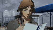 a man is reading a book with the word content on the cover