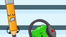 a cartoon drawing of a pencil and a green jellyfish wearing headphones