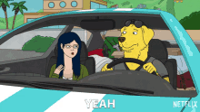 a cartoon of a dog driving a car with a woman sitting in the driver 's seat says yeah