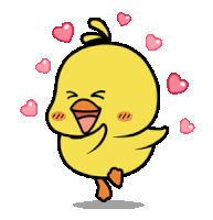 a cartoon duck is surrounded by pink hearts on a white background