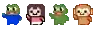 a set of four pixel art characters , including a frog , monkey , cat and owl .