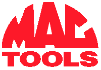 a red logo for mac tools is against a white background