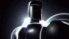 a robot with a helmet on is surrounded by glowing lights