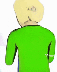 a cartoon character wearing a green sweater with the letter j on it