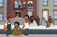 a group of people are standing on a sidewalk in front of a building