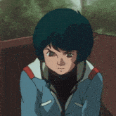 a close up of a cartoon character with blue hair and a blue jacket