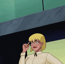 a cartoon character with blonde hair and glasses