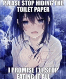 a picture of a girl with a caption that says please stop hiding the toilet paper