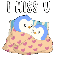 two penguins wrapped in a blanket with the words i miss u