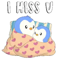 two penguins wrapped in a blanket with the words i miss u