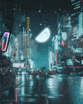 a picture of a city at night with a sign that says madame tussauds on it
