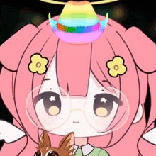 a cartoon girl with pink hair and glasses has a cowboy hat on her head