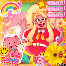 a picture of a girl with a cat and flowers with the words smilo smilo on it