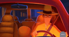 a cartoon man in a hat is driving a car